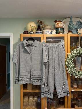 Erika Woman Gingham Cotton Embroidered 2-Piece Set Pajama Lounge Top & Pants 2X